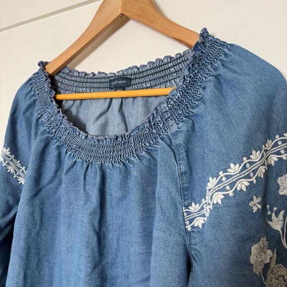 J Jill Denim Chambray Top Womens Sz XL Blue Embroidered Long Sleeve Peasant Boho - Picture 3 of 11
